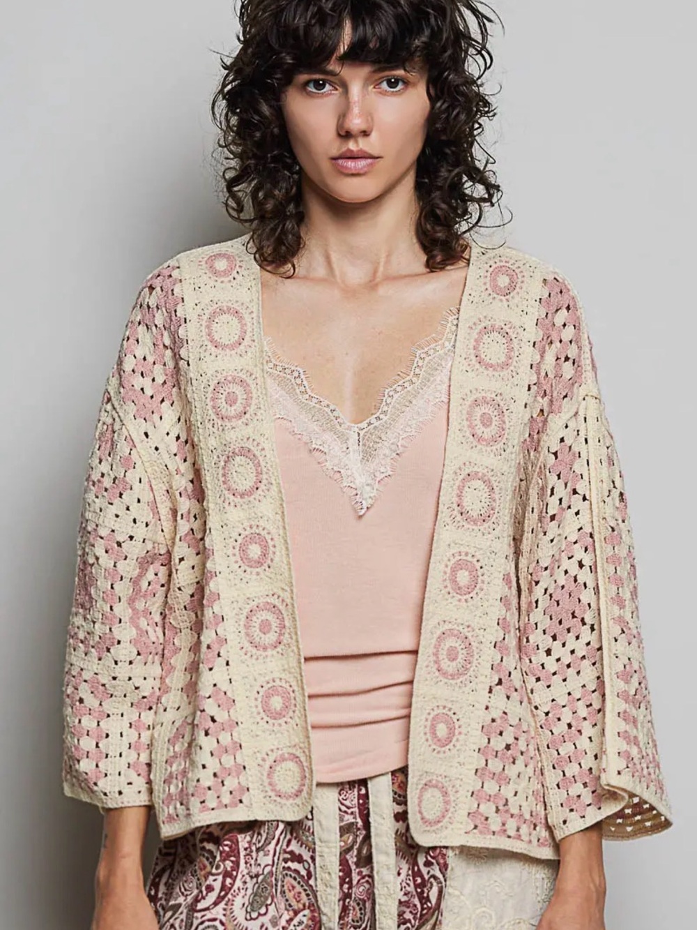 POL Women's Color Block Granny Square Crochet Cardigan 3/4 Sleeve Top pink OS